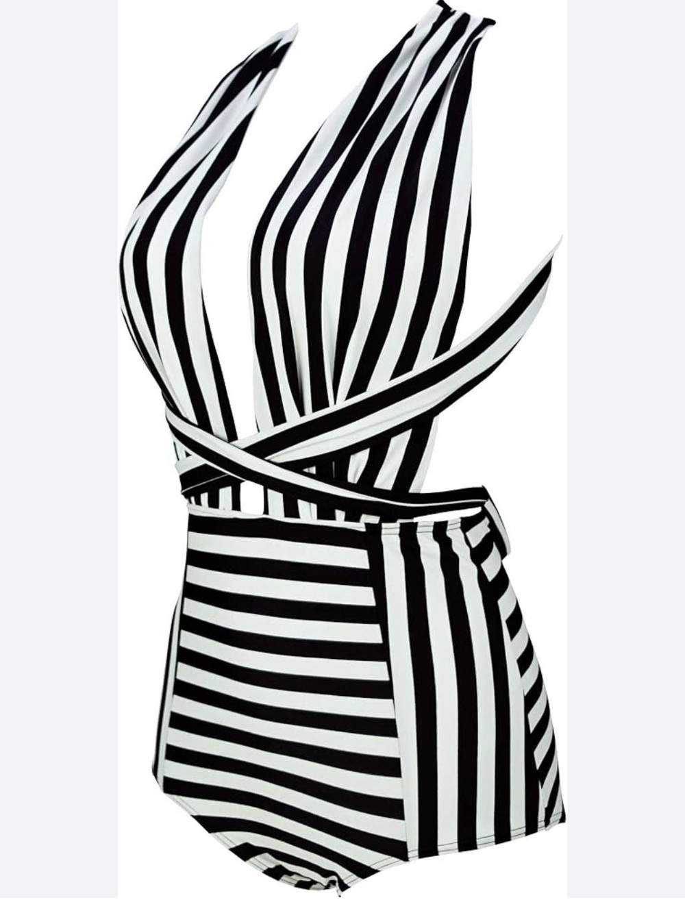 COCOSHIP Black & White Striped Fashion One Piece V-Neck Swimsuit